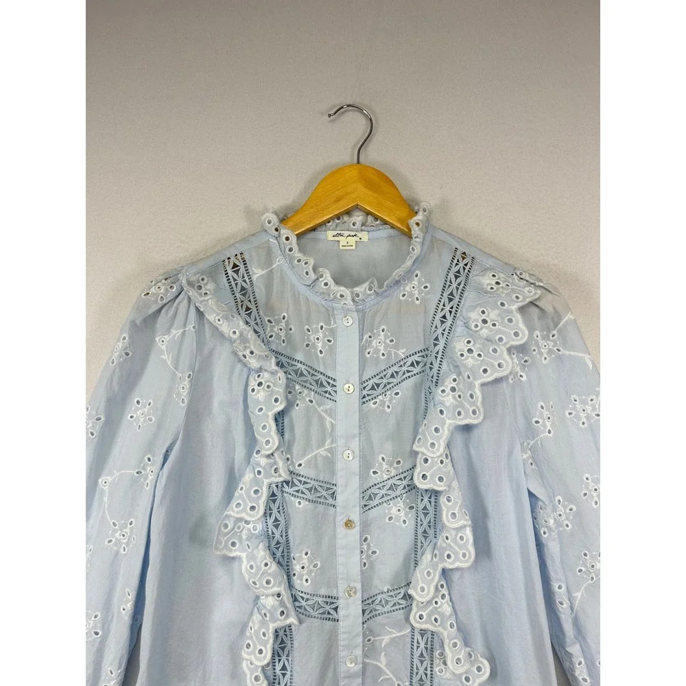 Ultra Pink Powder Blue Eyelet Ruffle Button-Up Blouse - Picture 4 of 9